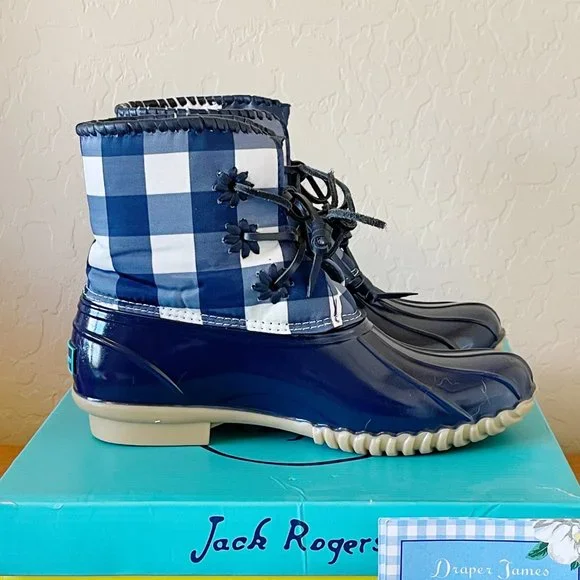 Jack Rogers Draper James 6 Chloe Midnight Blue White Gingham Check Boots Rare! - Picture 4 of 9